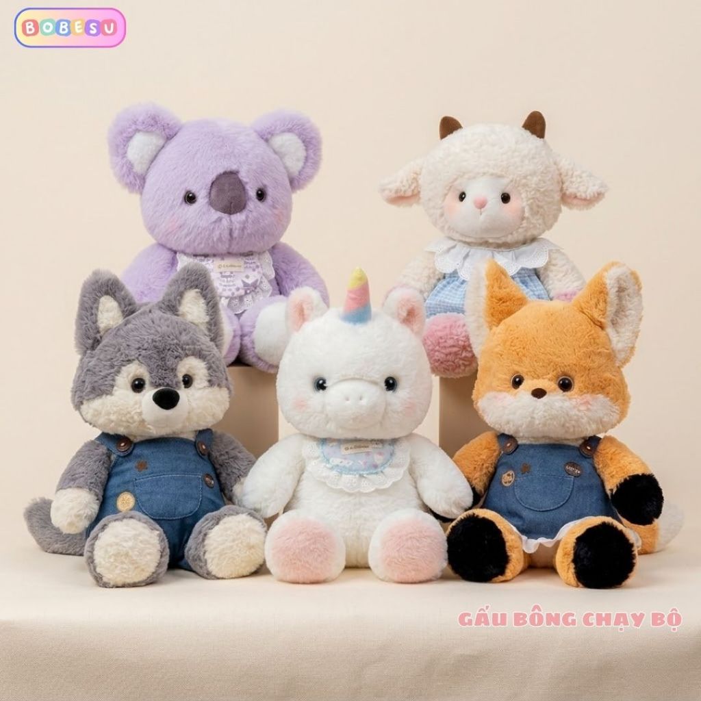 Gấu bông động vật Chó Cừu Cáo mặc yếm dễ thương, Thú nhồi bông động vật chạy bộ làm quà tặng cho bé