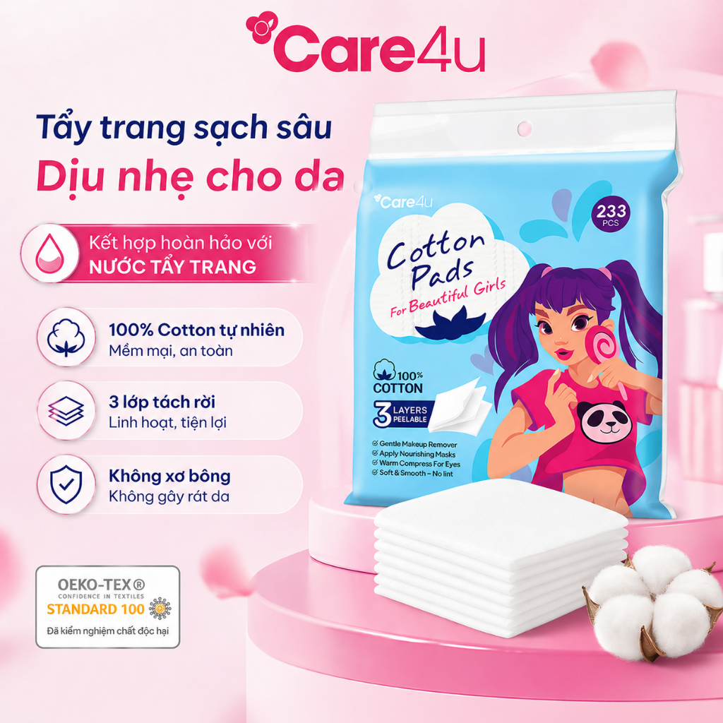Bông Tẩy Trang Cao Cấp Care4u 3 Lớp Dùng Đắp Toner Chất Liệu Cotton 233 miếng
