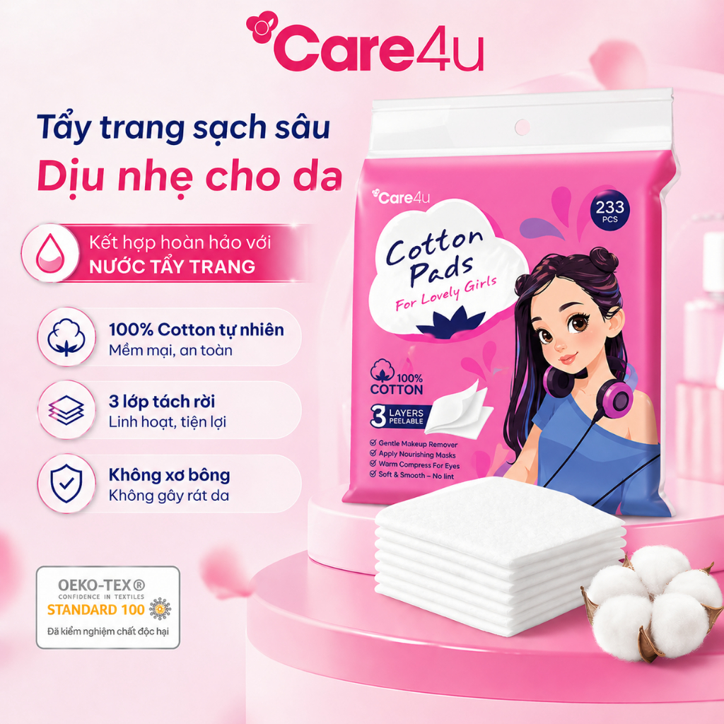Bông Tẩy Trang Cao Cấp Care4u 3 Lớp Dùng Đắp Toner Chất Liệu Cotton 233 miếng