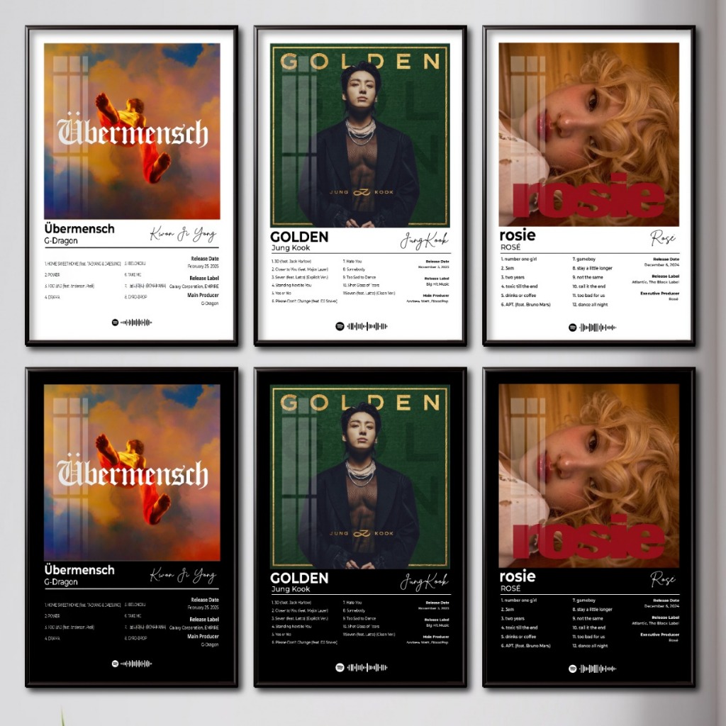 Tranh Poster Album Âm Nhạc KPOP JungKook, G-Dragon, Rosé,... Tráng Gương Khung Composite Decor treo tường