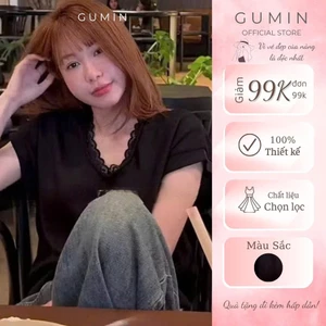 Áo thun cổ tim ren w.e GUMIN thiết kế áo form rộng basic sang chảnh, Áo thun nữ vintage thanh lịch