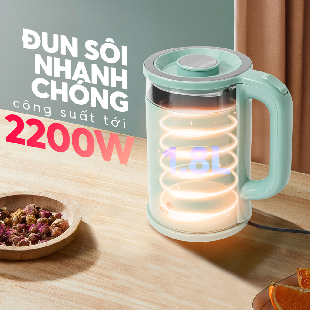 Ấm Siêu Tốc Thủy Tinh Elmich KEE-9141WG 1.8L 2200W, Đun Nhanh, Tự Ngắt An Toàn, Tiết Kiệm Điện