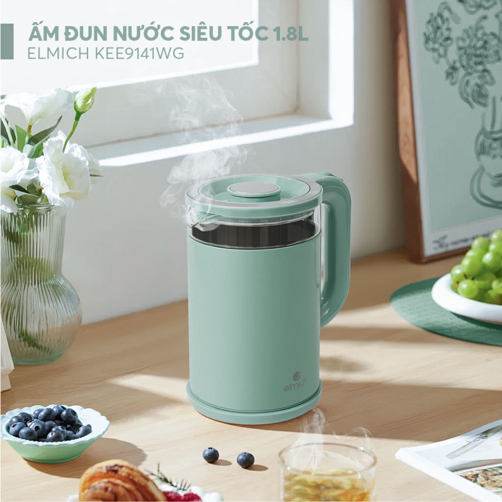 Ấm Siêu Tốc Thủy Tinh Elmich KEE-9141WG 1.8L 2200W, Đun Nhanh, Tự Ngắt An Toàn, Tiết Kiệm Điện