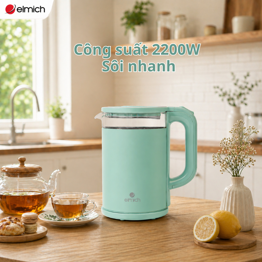 Ấm Siêu Tốc Thủy Tinh Elmich KEE-9141WG 1.8L 2200W, Đun Nhanh, Tự Ngắt An Toàn, Tiết Kiệm Điện