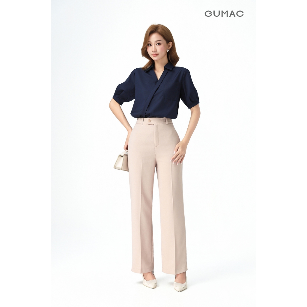 Quần Ống Suông Nữ 99cm GUMAC Quần Tây Công Sở Lưng Cao Cài Quai Dê Chất Tuyết Mưa Cạp Cao LQE1241