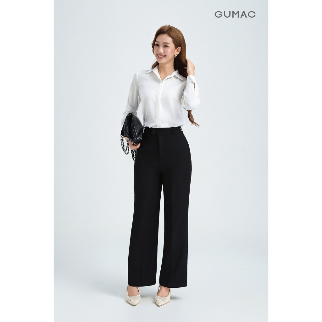 Quần Ống Suông Nữ 99cm GUMAC Quần Tây Công Sở Lưng Cao Cài Quai Dê Chất Tuyết Mưa Cạp Cao LQE1241