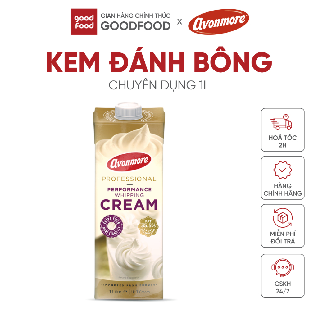Kem đánh bông cao cấp, Whipping Cream Avonmore 35,5% béo, ổn định, gấp đôi sản lượng, nhập khẩu Ireland 1L - 1 Hộp