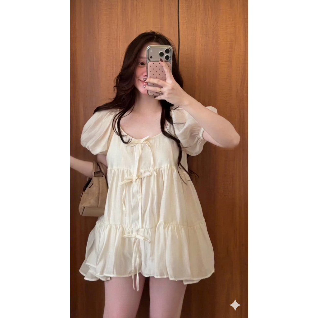 Áo baby doll dáng dài giấu quần đính nơ ngực, áo kiểu xinh xắn LABEL A133