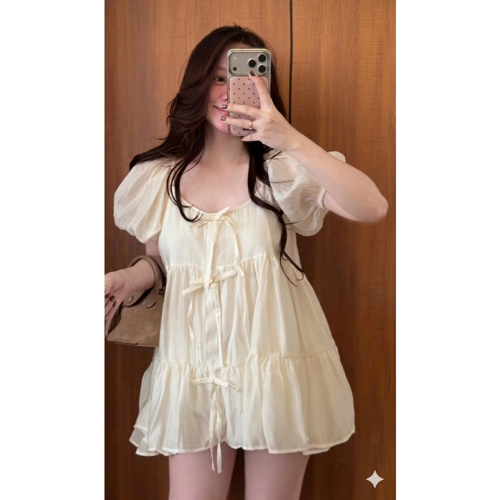 Áo baby doll dáng dài giấu quần đính nơ ngực, áo kiểu xinh xắn LABEL A133