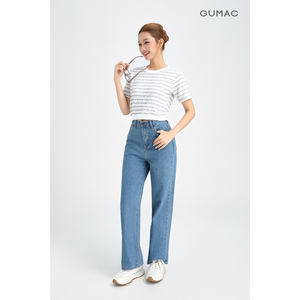 Áo Thun Nữ Tay Ngắn GUMAC Form Slim Phối Sọc Chất Cotton Dệt Mềm Mát Co Giãn Dễ Phối LATF0514