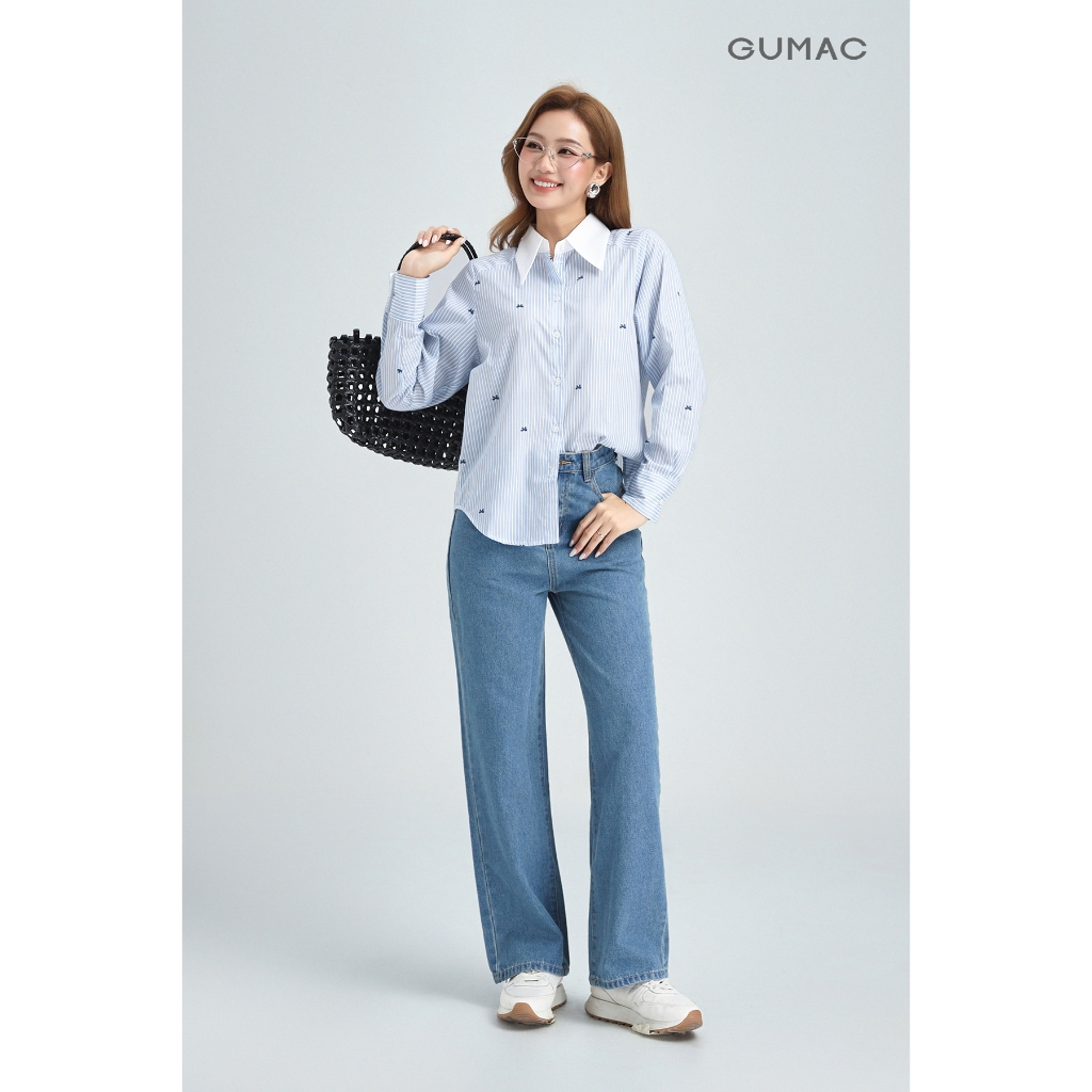 Áo Sơ Mi Nữ Tay Dài GUMAC Form Suông Kẻ Sọc Phối Xanh Trắng Lai Bầu Trẻ Trung AG01009