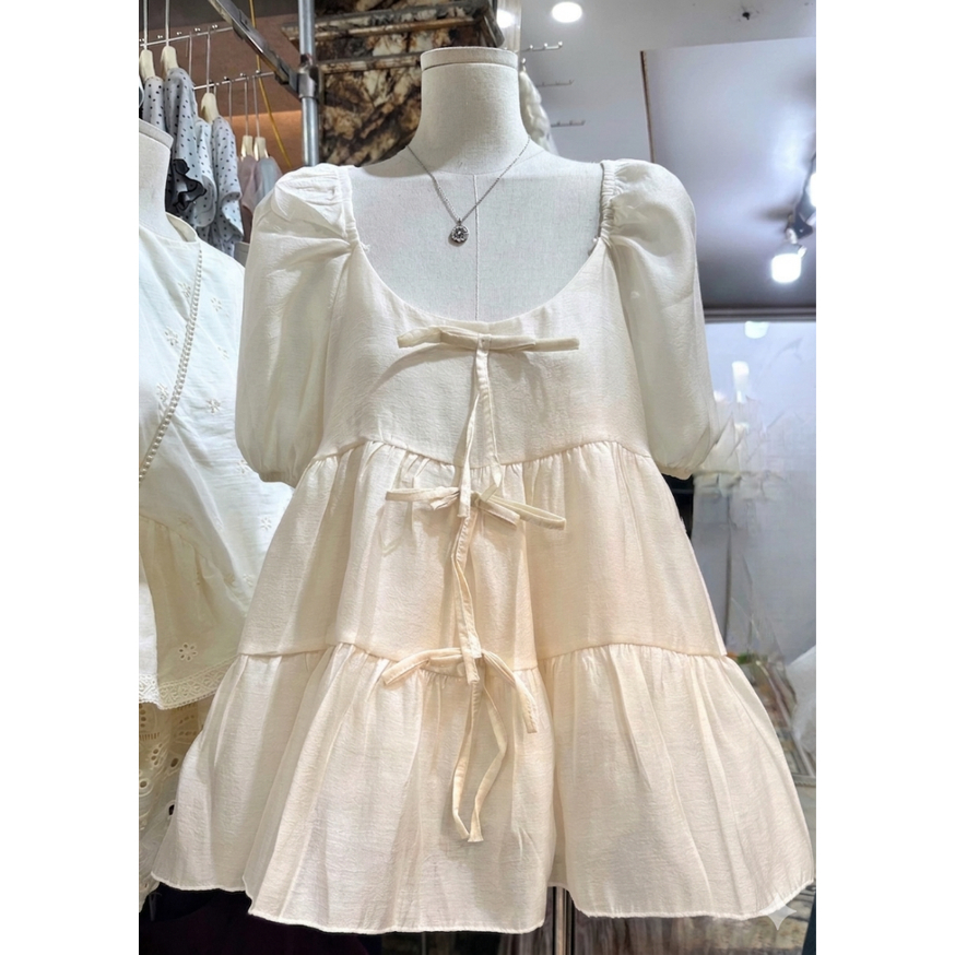 Áo baby doll dáng dài giấu quần đính nơ ngực, áo kiểu xinh xắn LABEL A133