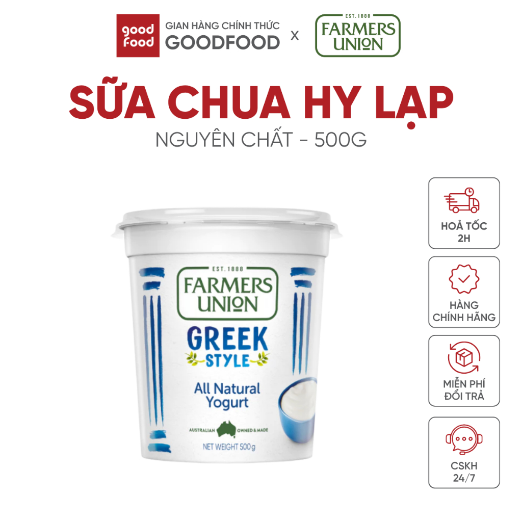 Sữa chua hy lạp Farmers Union nguyên chất, ít béo. Greek Yogurt ít đường tốt cho sức khỏe 500g - 1 Hũ