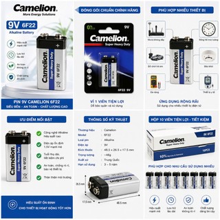 Pin Camelion 9V 6F22 – Pin vuông 9V chính hãng dùng remote, mic, thiết bị điện tử