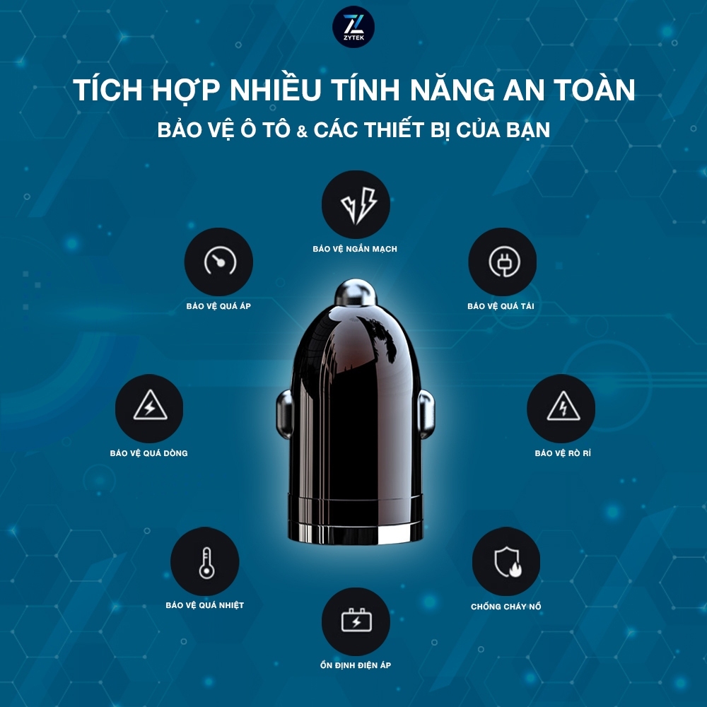 Tẩu sạc nhanh ô tô 60W & 100W chính hãng ZYTEK cổng USB, Type C, tự động ngắt an toàn, BH 12 tháng