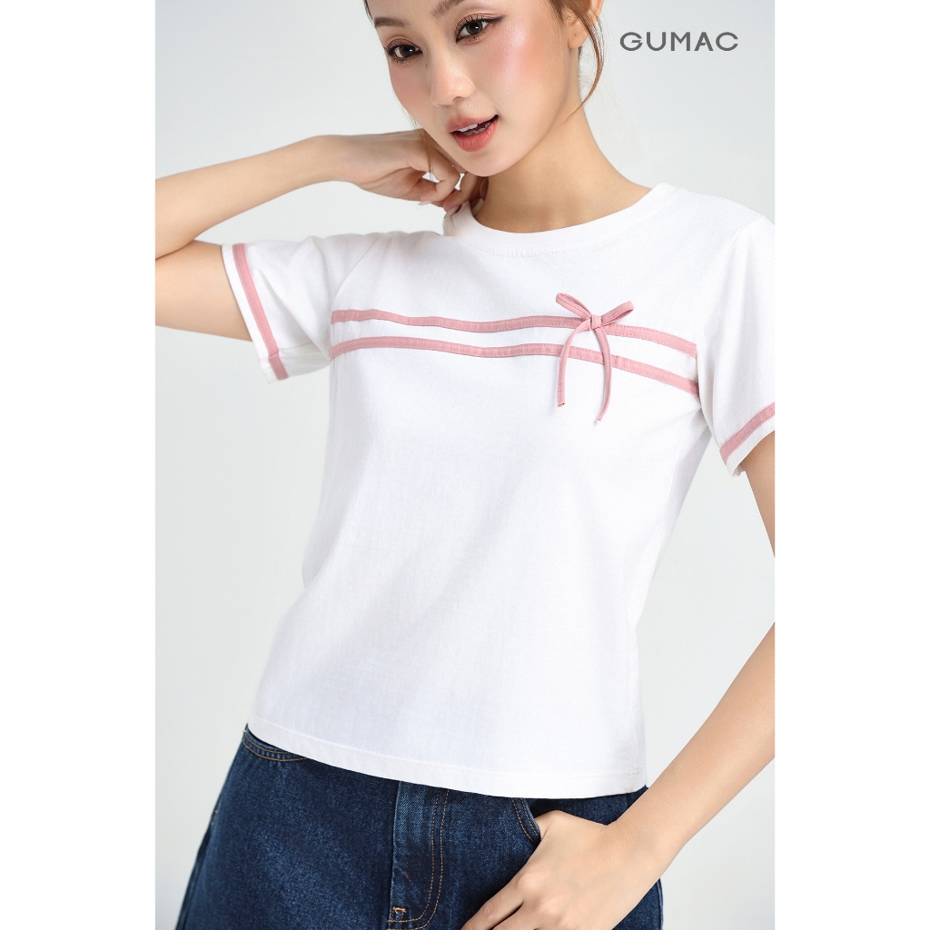 Áo Thun Nữ GUMAC Tay Ngắn Cổ Tròn Phối Bo Màu Đính Nơ Thanh Lịch LATF0423