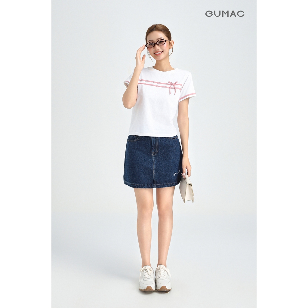 Chân Váy Jeans Ngắn GUMAC Dáng A Xòe Thêu Chữ Chất Denim Mềm Dễ Phối Có Lót Quần YVJF12089