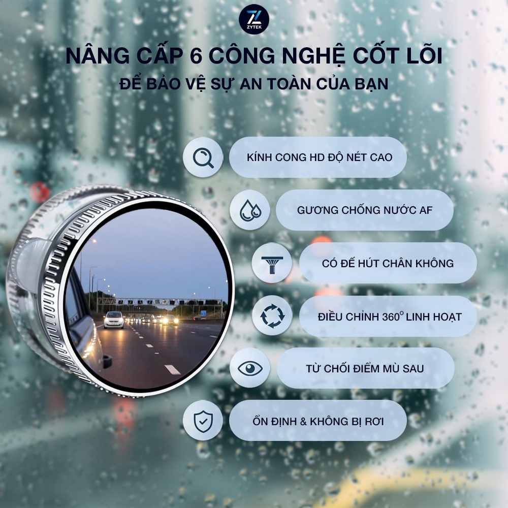 Gương cầu lồi ô tô chính hãng ZYTEK xóa điểm mù, mở rộng góc nhìn, xoay 360 độ, phủ nano chống nước