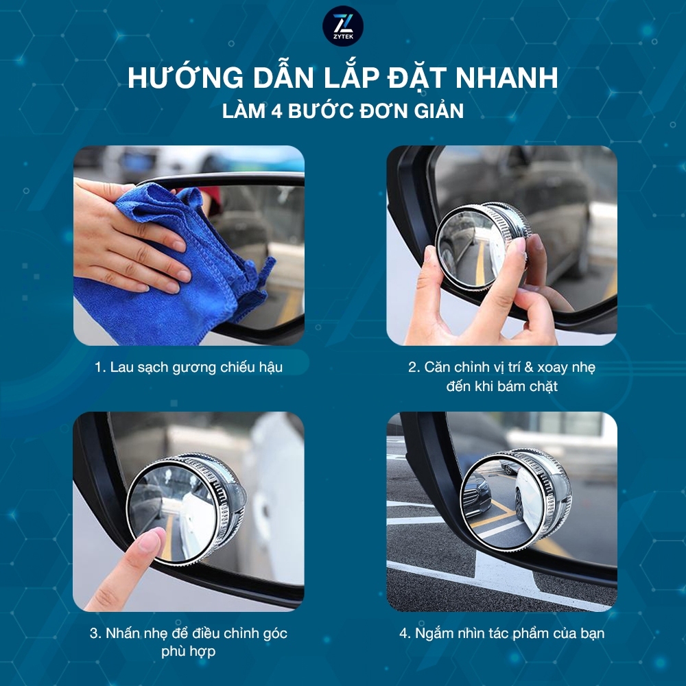 Gương cầu lồi ô tô chính hãng ZYTEK xóa điểm mù, mở rộng góc nhìn, xoay 360 độ, phủ nano chống nước