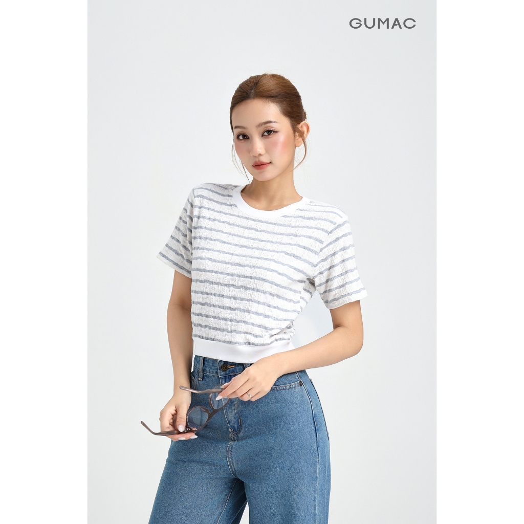 Áo Thun Nữ GUMAC Áo Phông Kiểu Kẻ Sọc Ngang Dáng Ngắn Bo Eo Co Giãn Mềm Mát LATF0514