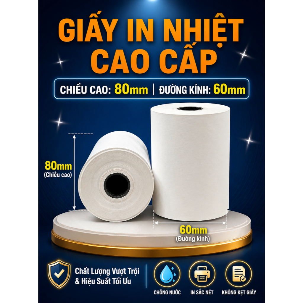Giấy in nhiệt 80x60mm In rõ nét | Không kẹt giấy | Đủ mét |Giấy in hóa đơn POS cho nhà hàng, cà phê, siêu thị, tạp hoá