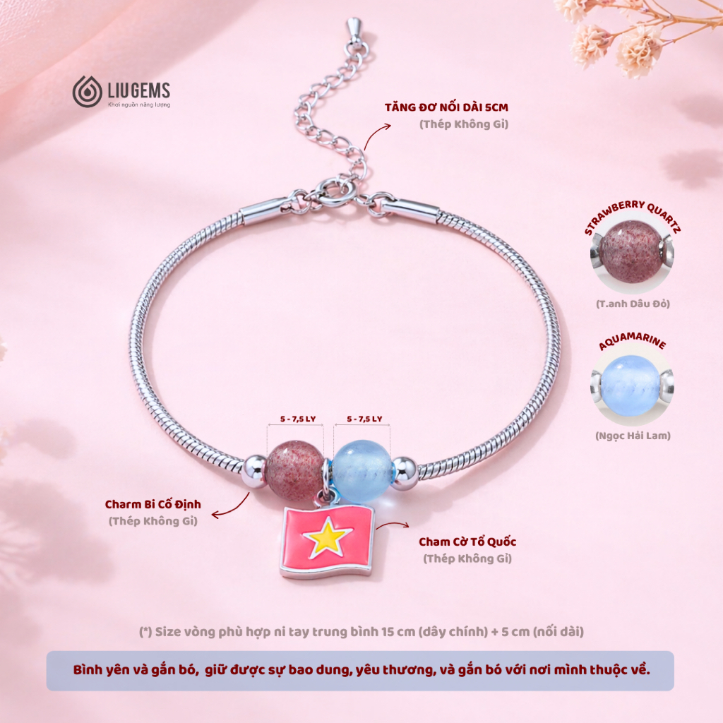 Vòng Tay Thép Charm Lá Cờ Việt Nam Mix 2 Hạt Đá Đá Năng Lượng Từ Tự Nhiên, Liugems Mừng Đại Lễ VT14