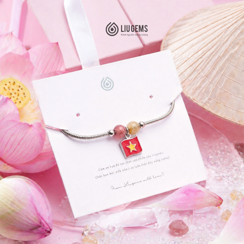 Vòng Tay Thép Charm Lá Cờ Việt Nam Mix 2 Hạt Đá Đá Năng Lượng Từ Tự Nhiên, Liugems Mừng Đại Lễ VT14