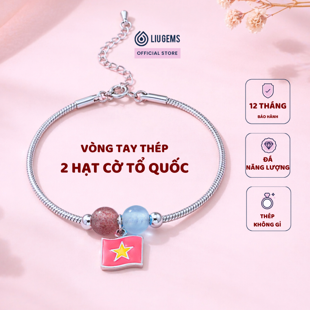 Vòng Tay Thép Charm Lá Cờ Việt Nam Mix 2 Hạt Đá Đá Năng Lượng Từ Tự Nhiên, Liugems Mừng Đại Lễ VT14