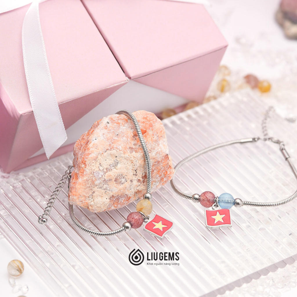 Vòng Tay Thép Charm Lá Cờ Việt Nam Mix 2 Hạt Đá Đá Năng Lượng Từ Tự Nhiên, Liugems Mừng Đại Lễ VT14