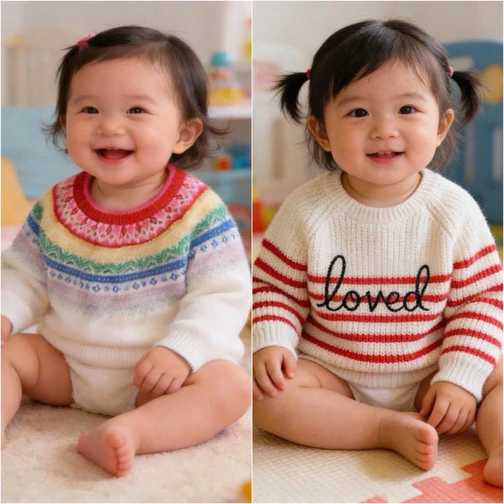 Áo len bé gái C6679 G.AP họa tiết thổ cẩm mix màu và kẻ đỏ siêu xinh, size 3M-18M (dư xịn)