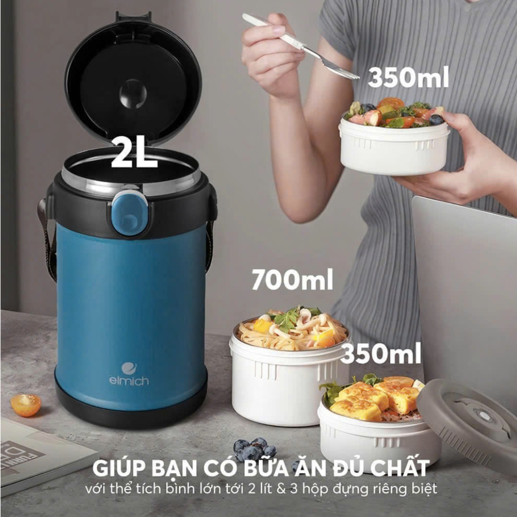 Hộp Cơm Giữ Nhiệt Elmich EL-8303 / 8302 / 1290 Inox 304, 3 Ngăn, Giữ Nhiệt Lâu, Kèm Túi, Văn Phòng