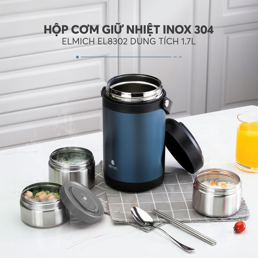 Hộp Cơm Giữ Nhiệt Elmich EL-8303 / 8302 / 1290 Inox 304, 3 Ngăn, Giữ Nhiệt Lâu, Kèm Túi, Văn Phòng