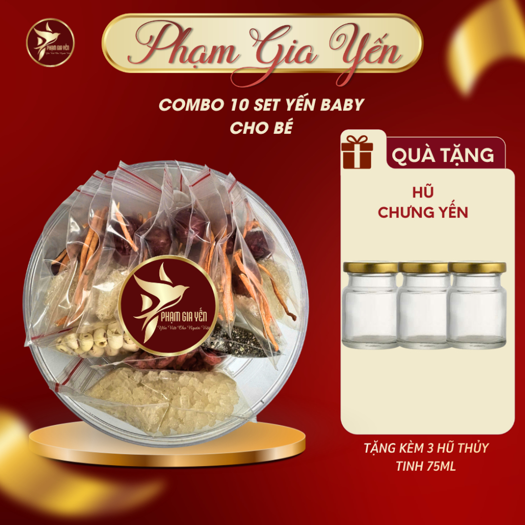 Combo 10 Túi Yến Vụn Baby Nguyên Chất 100% Kèm Phụ Gia Và 2 Hũ Thuỷ TInh  - Yến Sào Phạm Gia