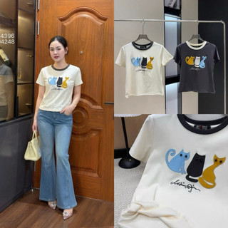 Áo phông cotton cổ tròn cộc tay thêu 3 con mèo form babytee #20225