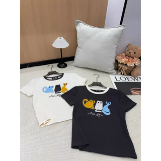 Áo phông cotton cổ tròn cộc tay thêu 3 con mèo form babytee #20225