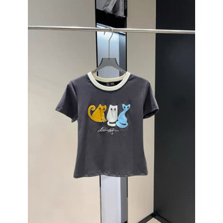 Áo phông cotton cổ tròn cộc tay thêu 3 con mèo form babytee #20225