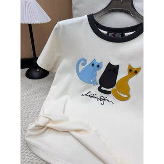 Áo phông cotton cổ tròn cộc tay thêu 3 con mèo form babytee #20225