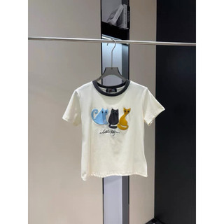 Áo phông cotton cổ tròn cộc tay thêu 3 con mèo form babytee #20225