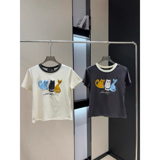 Áo phông cotton cổ tròn cộc tay thêu 3 con mèo form babytee #20225