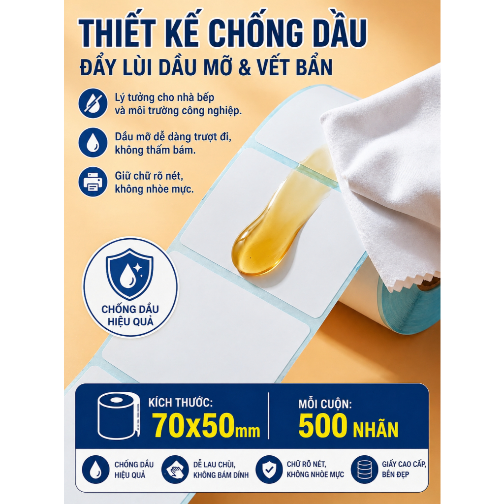 Giấy nhiệt 3 lớp 70x50mm chống nước, chống dầu, chống cồn, chống ma sát, lưu chữ lâu, in rõ nét, không phai màu.