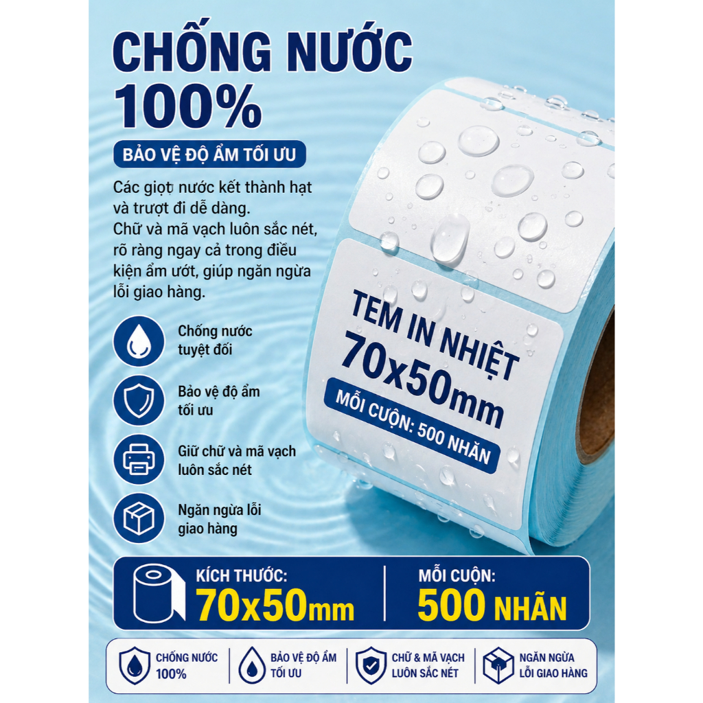Giấy nhiệt 3 lớp 70x50mm chống nước, chống dầu, chống cồn, chống ma sát, lưu chữ lâu, in rõ nét, không phai màu.