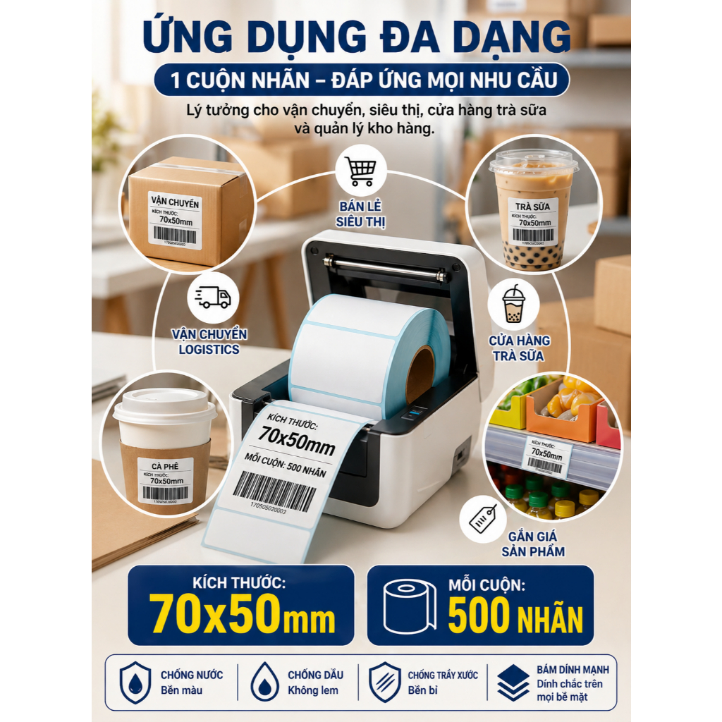 Giấy nhiệt 3 lớp 70x50mm chống nước, chống dầu, chống cồn, chống ma sát, lưu chữ lâu, in rõ nét, không phai màu.