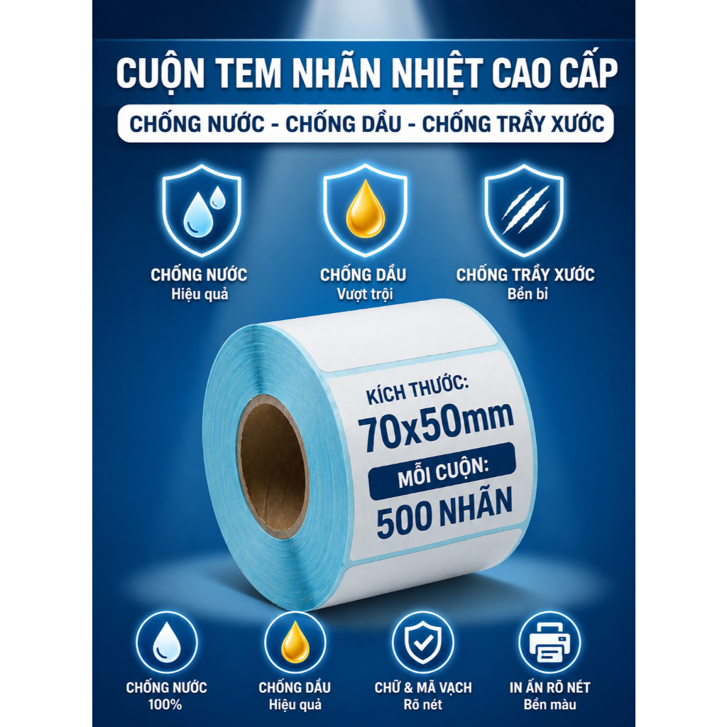 Giấy nhiệt 3 lớp 70x50mm chống nước, chống dầu, chống cồn, chống ma sát, lưu chữ lâu, in rõ nét, không phai màu.