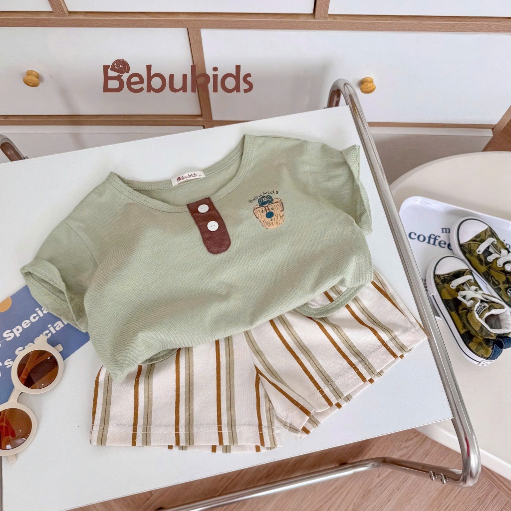 Bộ cotton cộc tay phối quần kẻ Bebukids, thiết kế năng động cho bé trai 8-21kg
