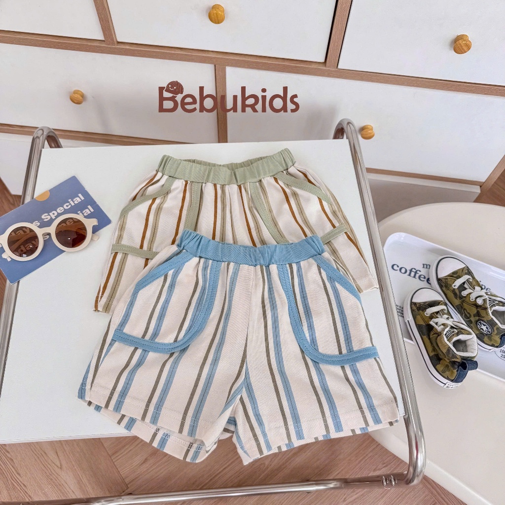 Bộ cotton cộc tay phối quần kẻ Bebukids, thiết kế năng động cho bé trai 8-21kg