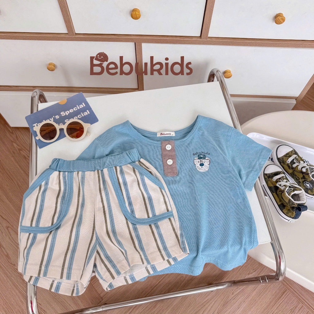 Bộ cotton cộc tay phối quần kẻ Bebukids, thiết kế năng động cho bé trai 8-21kg