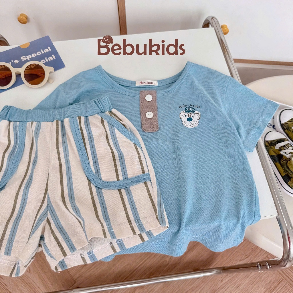 Bộ cotton cộc tay phối quần kẻ Bebukids, thiết kế năng động cho bé trai 8-21kg