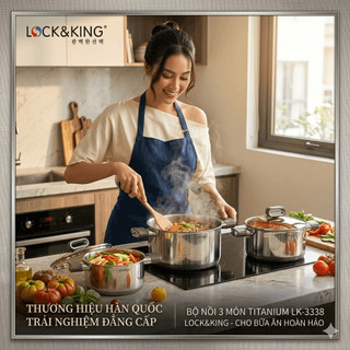 Bộ 3 Nồi Inox Titanium Lock&King LK-3338 Chính Hãng - Chất Liệu 316 Cao Cấp, Quà Tặng Tân Gia