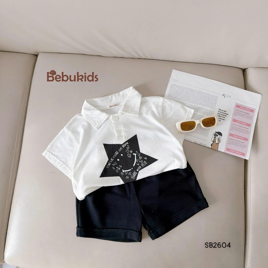 Bộ quần áo polo cộc tay Ngôi sao Bebukids, Chất liệu cotton 2 chiều co giãn cho bé trai 8-21kg