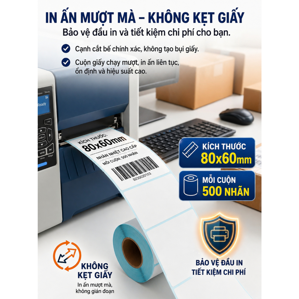 Giấy nhiệt 3 lớp 80x60mm chống nước, chống dầu, chống cồn, chống ma sát, lưu chữ lâu, in rõ nét, không phai màu.